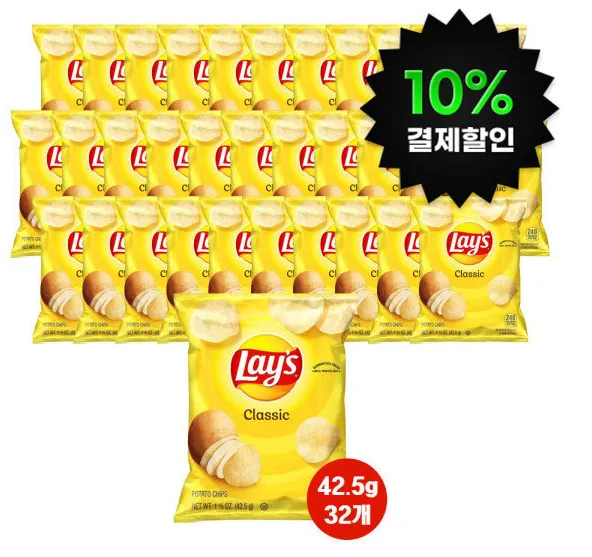 레이즈 클래식 감자칩 42.5g X 32개 홈페이지/장소 지마켓 가격 가격: 23,990원 배송비 배송비: 무료 작성자 닉네임 푸우우드 등록일자 4분 전 추천수 0